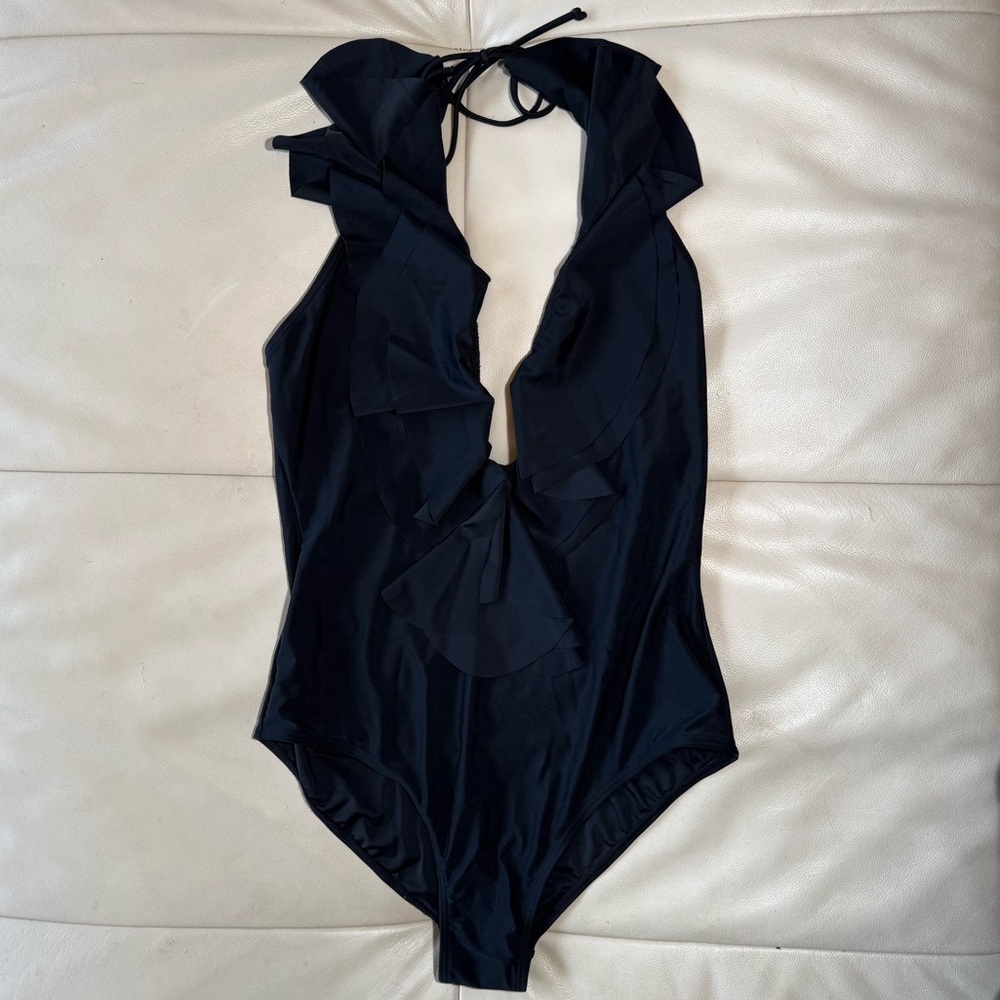 Sun & Sea Black One-Piece Swimsuit with Ruffled Deep V Front